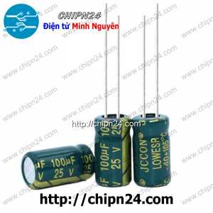 [10 con] () Tụ hóa 100uF 25V Xanh Lá (100/25) 6x11mm (Tần số cao)