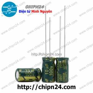 [10 con] (F266) Tụ hóa 10uF 100V Xanh Lá (6x11mm) (Tần số cao)
